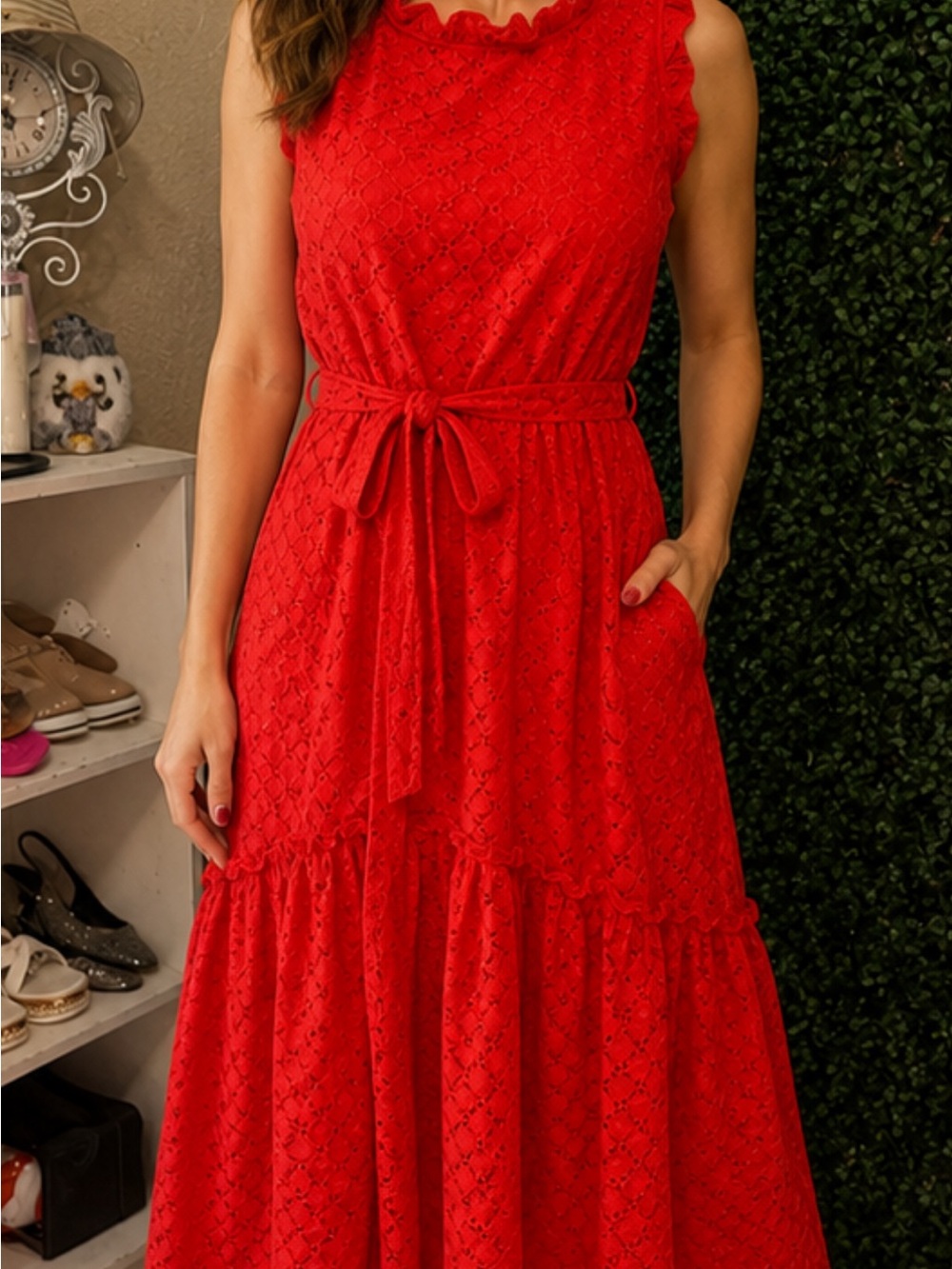MELLODAY Red Ruffled Tie-Waist Midi Dress # 292
